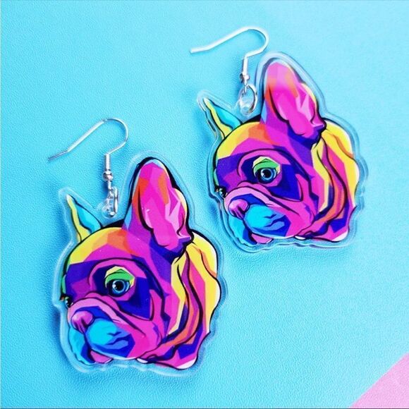 Jewelry - French Bulldog Lightweight Earrings Acrylic 80s/90s Vibrant Pink/Purple Frenchie